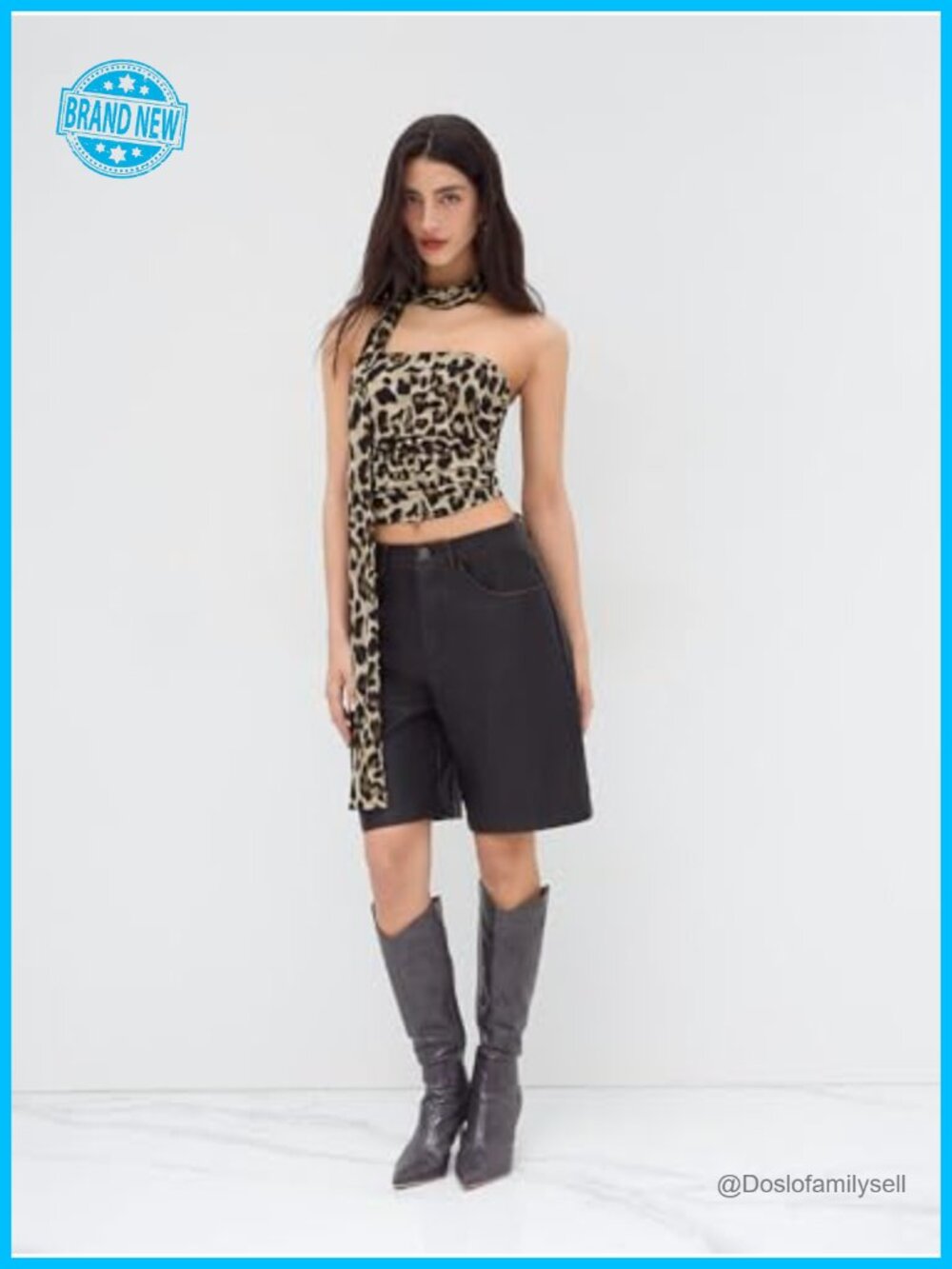 Leopard Print Strapless Tube Top Ruched Crop Top with Scarf - Picture 6 of 6